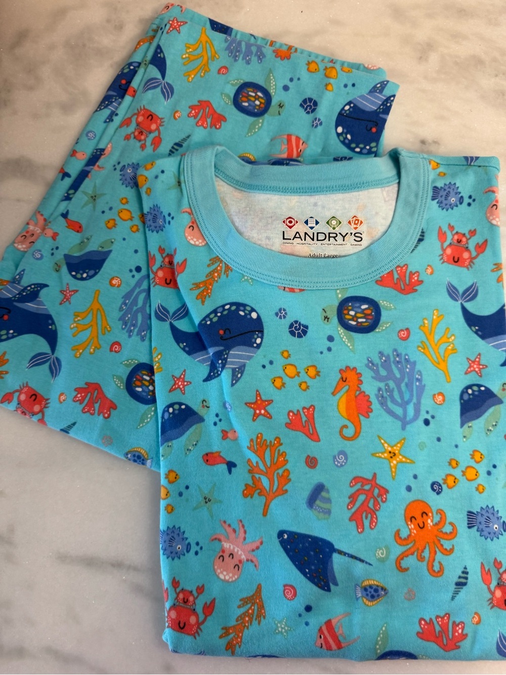 Landry's aqua pajamas with sea life pattern